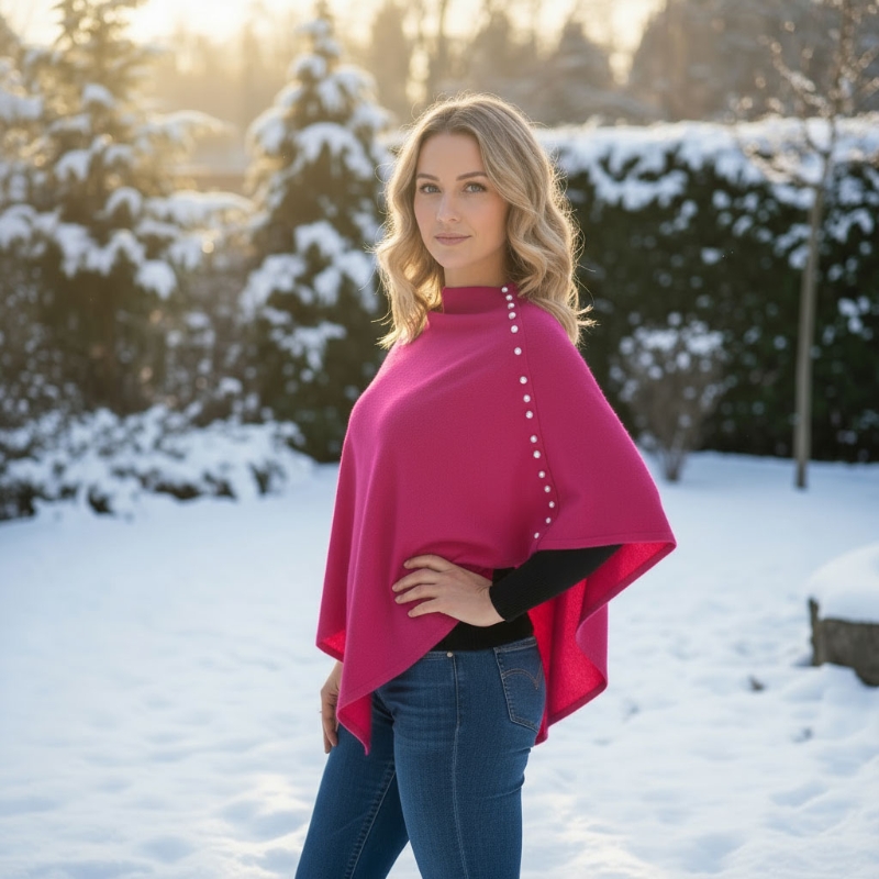 Magenta Plain Wool Knit Poncho