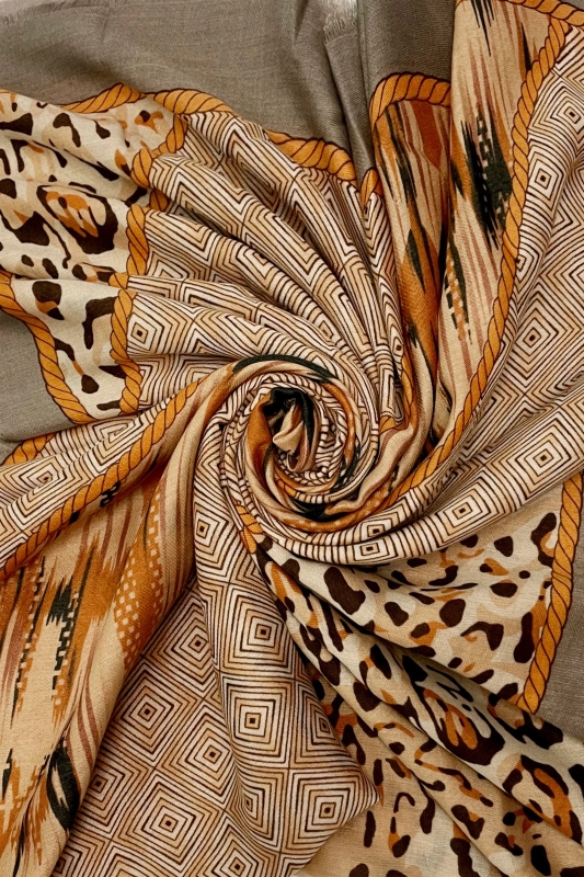 Beige Leopard And Aztec Frayed Scarf