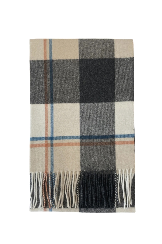 Black and Beige Check Wool Tassel Scarf
